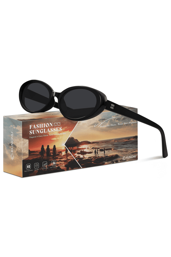 Retro Oval Sunglasses for Women Men Cat Eye Frame 90s Vintage UV400 Protection Driving Sun Glasses(Black/Gray)