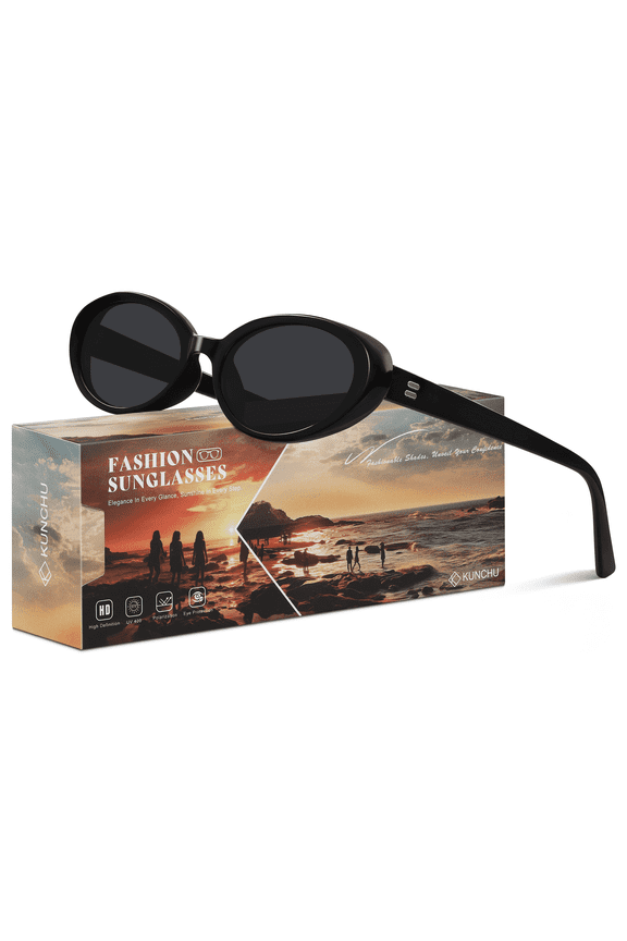 Retro Oval Sunglasses for Women Men Cat Eye Frame 90s Vintage UV400 Protection Driving Sun Glasses（Black/Gray）