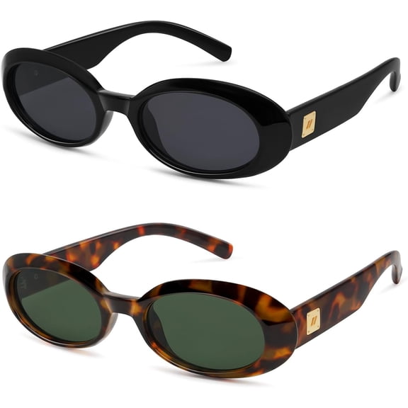 Retro Oval Sunglasses for Women Men Trendy Small 90s Style  Skinny Narrow Frame 2-Pack