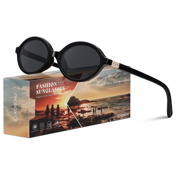 kunchu Retro Oval Sunglasses for Women Men Vintage 90s UV400 Protection Ladies Sunglasses for Driving Shopping Traveling(Black/Gray)