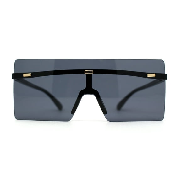 Retro Oversize Rimless Rectangle Shield Sunglasses All Black