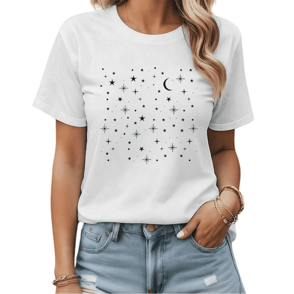 Retro Oversized Moon and Stars Graphic Tees Women's Comfy Mystical Tops