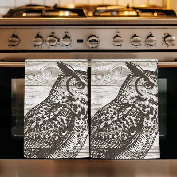 Retro Owl Kitchen Towels Set of 1, Countryside Animals Farmhouse Wooden Grain Absorbent Dish Towels for Kitchen, Microfiber Hand Towel, Quick Drying Tea Towel for Cleaning Decorative Dishcloths