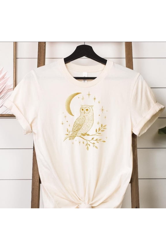 Retro Owl Moon And Stars Graphic T-shirt: Vintage Owls Birds Hawks Raven Crow Birdwatching Birding Birder Nature Birdwatcher Boho Gold Tee