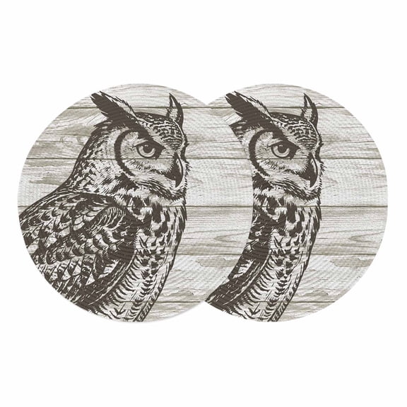 Retro Owl Round 13 Inch Placemats Set of 2, Countryside Animals Farmhouse Wooden Grain HeatResistant Non Slip Place Mats for Dining Table, Wipeable Braided Kitchen Table Mats for Housewarming