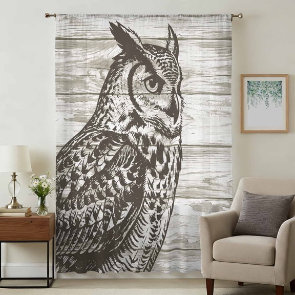 Retro Owl Sheer Curtains 45 Inches Long, Countryside Animals Farmhouse Wooden Grain Light Filering Curtains, Breathable Simi Curtain Privacy Drapes for Kitchen Bathroom Small Window Treatment