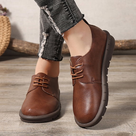 Retro Oxfords for Women Soft Flexible Breathable Lace Up Comfort Flats for Fall, Round Toe Lightweight Non Slip Casual Walking Shoes