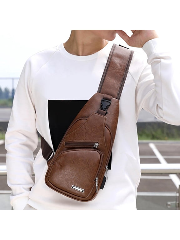 Retro PU Leather Chest Crossbody Sling Bag for Men Women, Waterproof Small Shoulder Backpack with USB Charging Port & Headphone Jack, Casual Daypack for Travel Hiking Daily Sport Workout Weekend