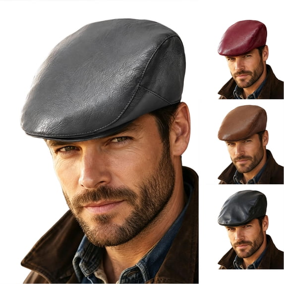 Retro PU Leather Forward Cap Autumn‑Winter Beret Cap Multi Solid Color ladder Style Street‑wear Driving Daily Headwear