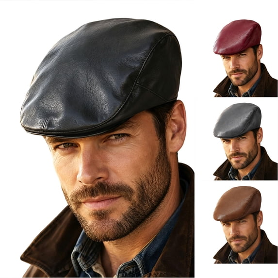 Retro PU Leather Forward Cap Autumn‑Winter Beret Cap Multi Solid Color ladder Style Street‑wear Driving Daily Headwear