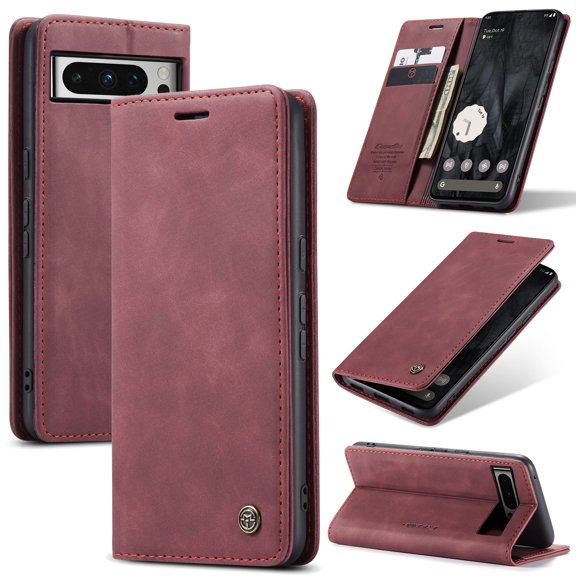 Retro PU Leather Wallet Case Compatible with Google Pixel 10 / 10 Pro, Magnetic Closure Card Slots Cash Pocket Shockproof Protective Kickstand Durable Flip Cover for Google Pixel 10 / 10 Pro, Winered