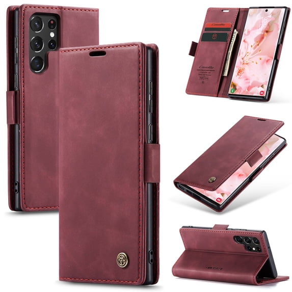 Retro PU Leather Wallet Case Compatible with Samsung Galaxy S22 Ultra, Magnetic Closure Card Slots Cash Pocket Shockproof Protective Kickstand Durable Flip Case Cover for Samsung S22 Ultra, Winered