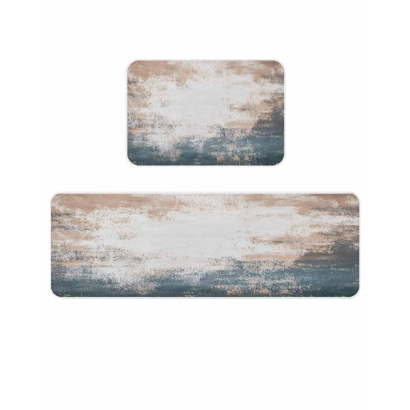 Retro Paint Effect Kitchen Mats for Floor 2 Piece, Blue Yellow Vintage Texture Absorbent Non-Slip Kitchen Rugs Comfort Standing Mat for Laundry, Hallways 20"x24"+20"x48"