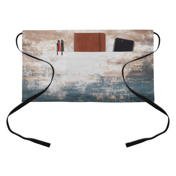 Retro Paint Effect Kitchen Restaurant Half Waist Apron, Blue Yellow Vintage Texture Server Short Apron with 3 Pockets Waterproof Oil Waist Aprons for Women Waitress Waiter