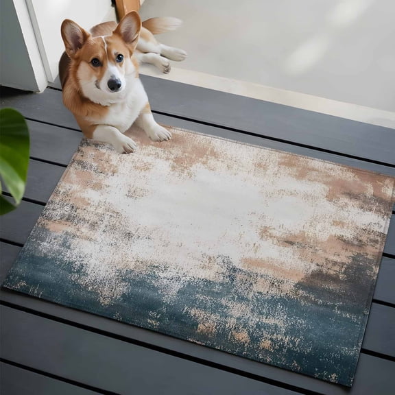 Retro Paint Effect Washable Area Rug 2x3 111 Blue Yellow Vintage Texture Low-Profile Area Rugs with Non Slip Backing Indoor Floor Carpet for Entrance Living Room Bedroom Home Office