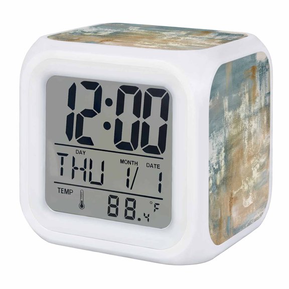 Retro Painting Alarm Clock, Blue Brown Gradient Distressed Graffiti Texture Digital Clock Night Light with 7 Color, Calendar Temperature Display, LED Desk Small Clock for Bedrooms Bedside Living Room