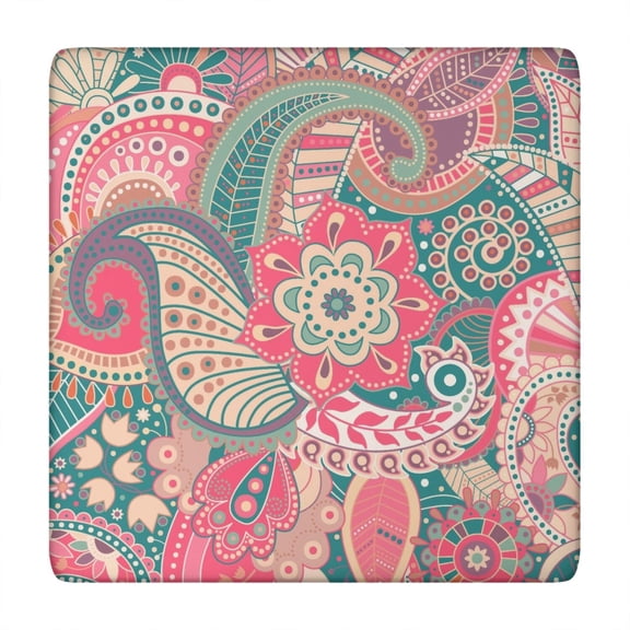 Retro Paisley Floral Elastic Tablecloth, Vintage Square Table Cover for Outdoor Indoor, Bohemian Ethnic Paisley Ornament Wrinkle-Free Windproof Snug Fit Washable Fabric, Fits 34x34 Inches