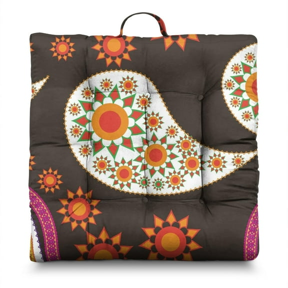 Retro Paisley Floral Meditation Cushion - Oversized Square Floor Seating, Soft & Resilient with Mandala Inspired Design