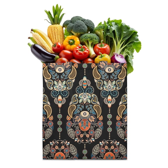 Retro Paisley Floral Reusable Tote Bag - Foldable Grocery Bag with Ethnic Tribal Patterns, Durable & Washable