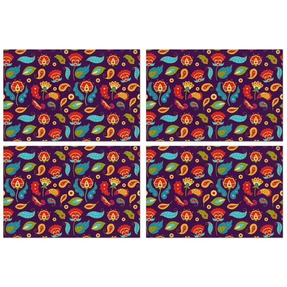 Retro Paisley Placemats Set of 4, Flax Linen Table Mats with Heat Resistant Wrinkle Free Finish Featuring Bohemian Vintage Floral and Ethnic Mandala Patterns