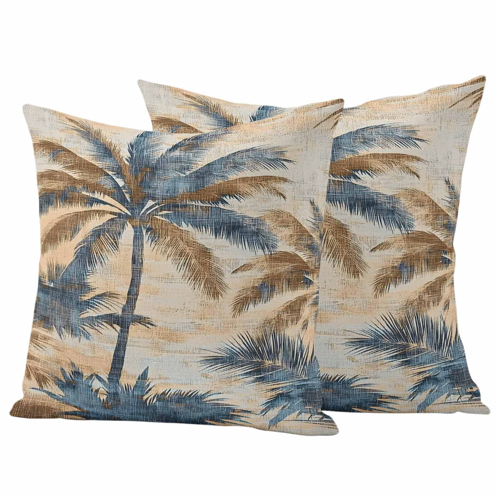 Retro Palm Leaf Outdoor Pillow Covers 20"x20" Set of 2, Brown Blue Tropical Plant Waterproof Throw Pillow Covers for Patio Furniture, Decorative Cushion Covers for Porch