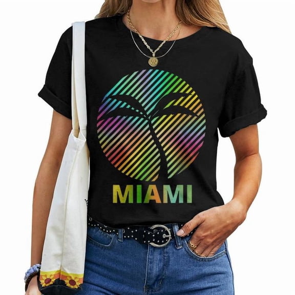 Retro Palm Miami Beach Florida State Souvenir T-Shirt Women Adult Cotton Comfortable Travel Lover Casual Tee, Size M, Color Black