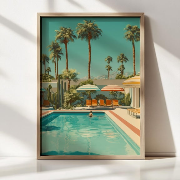 Retro Palm Springs Poolside Art Print, Mid-Century Modern Wall Decor Poster Unframed Paper Print