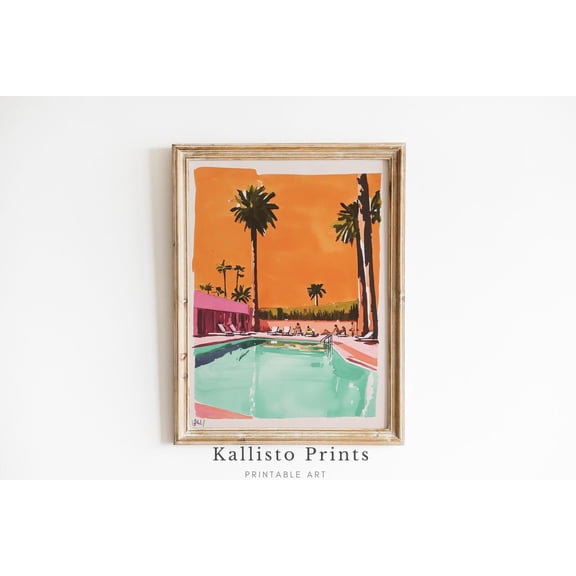 Retro Palm Springs Poolside Print Poster, Mid-Century Modern Art, Vibrant Orange & Pink Summer Decor, Palm Tree Poolside Scene 435, Size 8x12 UNFFRAMED F03.1.6l2910