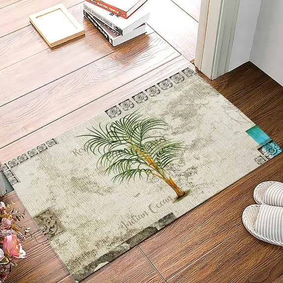 Retro Palm Tree Doormat Kitchen Bathroom Rug Floor Door Mat Indoor Outdoor Entrance Mat Rustic Tropical Botanical Summer Beach Washable Welcome Entry Way Accent Throw Runner Carpet 16"x24"