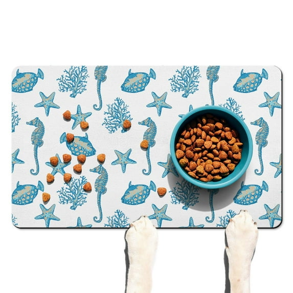Retro Palm Tree & Starfish Dog Bowl Mat - Waterproof Pet Placemat - Quick Dry & Washable