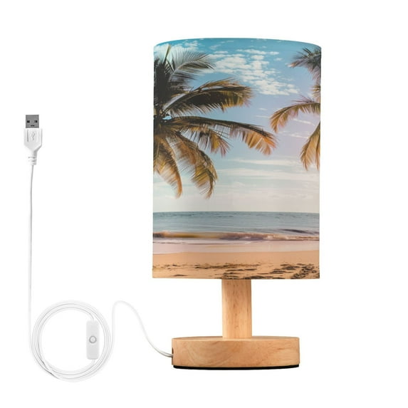 Retro Palm Tree Sunset Beach Bedside Table Lamp Desk Warm Lights with USB Charging Port Cylinder LED Lamps for Bedroom Living Room Office