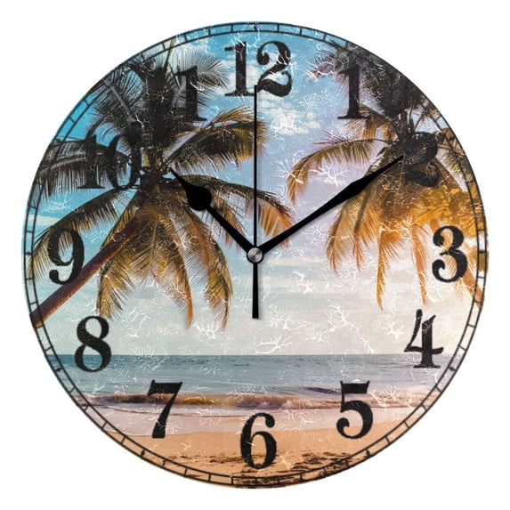 Retro Palm Tree Sunset Beach Silent Wall Clock 10" Non-Ticking Battery Clock