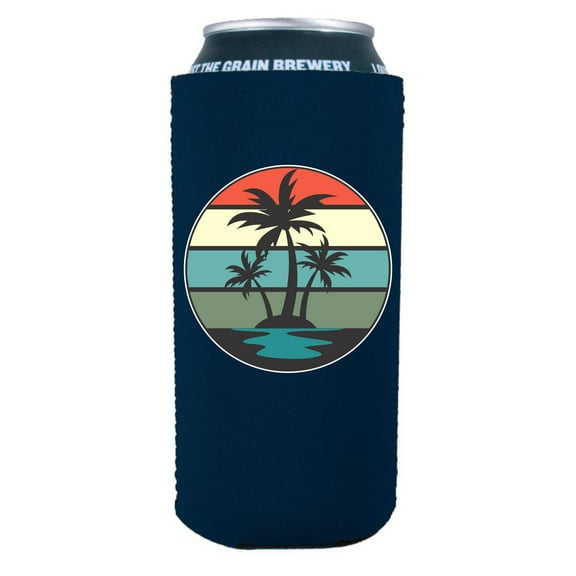 Retro Palm Trees 16 oz. Can Coolie (Navy Blue)