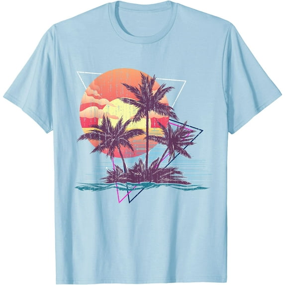 Retro Palm Trees Beach Sunset Tropical Summer Unisex T-Shirt for Men Women Kids Toddler,Light Blue Color,Size 3T