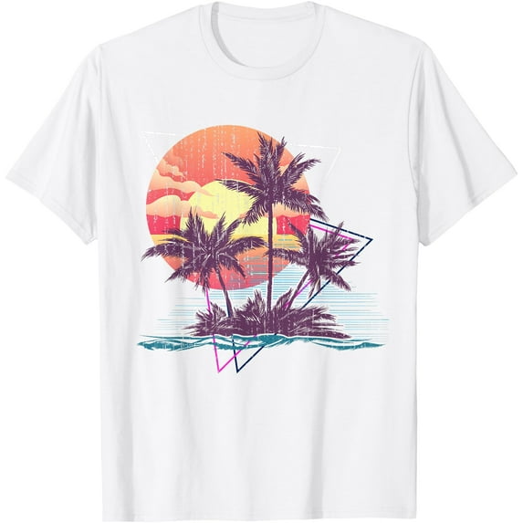Retro Palm Trees Beach Sunset Tropical Summer Unisex T-Shirt for Men Women Kids Toddler,White Color,Size 3T