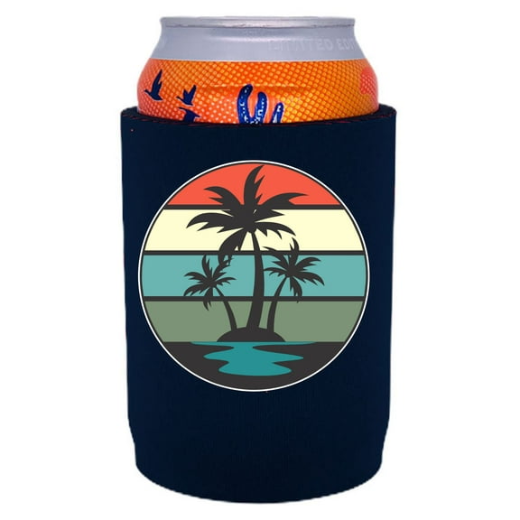 Retro Palm Trees Full Bottom Can Coolie (Navy Blue)