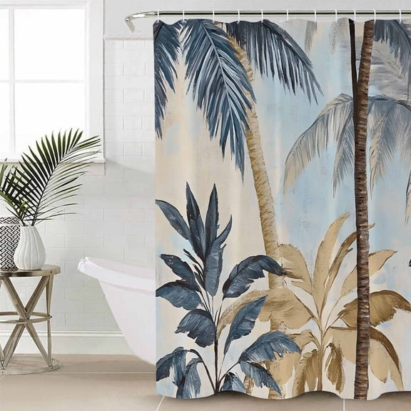 Retro Palm Trees Shower Curtain Set, Waterproof Shower Curtains for Bathroom, Summer Botanical Vintage Watercolor Washable Fabric Cloth Bath Curtain for Bathtub Decoration with Hooks 66x72 Inches