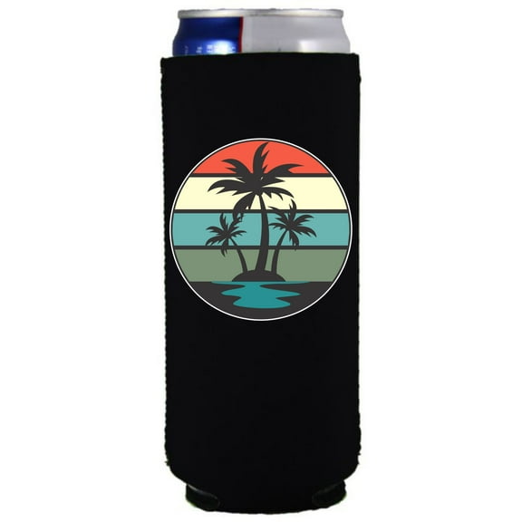 Retro Palm Trees Slim Can Coolie (Black)