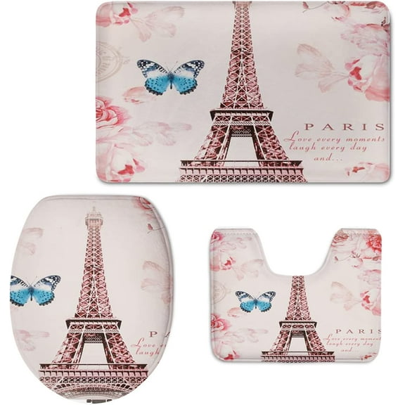 Retro Paris Eiffel Tower Printed Decorations Flannel Bathroom 3 Pcs Bath Area Rugs Non-Slip(Butterfly Floral)