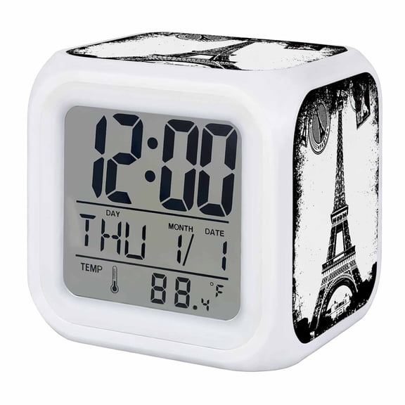 Retro Paris Tower Alarm Clock, Black and White Postage Building Silhouette Digital Clock Night Light with 7 Color, Calendar Temperature Display, LED Desk Small Clock for Bedrooms Bedside Living Room
