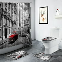 Retro Paris Tower Shower Curtains Red Umbrella Street Scenery Bathroom Decor Non-slip Carpet Toilet Door Foot Mat Bath Mats Set