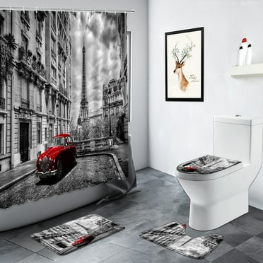 Retro Paris Tower Shower Curtains Red Umbrella Street Scenery Bathroom Decor Non-slip Carpet Toilet Door Foot Mat Bath Mats Set