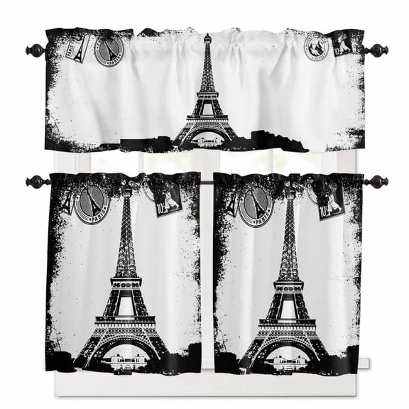 Retro Paris Tower Window Curtains Valance Set of 3 Black and White Postage Building Silhouette Rod Pocket Small Kitchen Curtain, Soft Window Treatment for Bedroom Party Holiday Decor