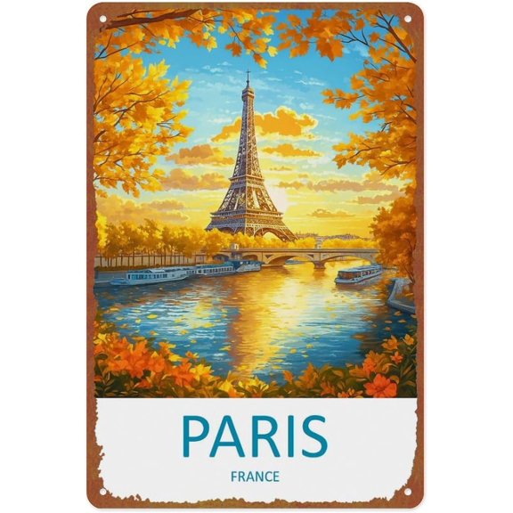 Retro Paris Travel Poster Metal Tin Sign Wall Decor 12x8 Inch