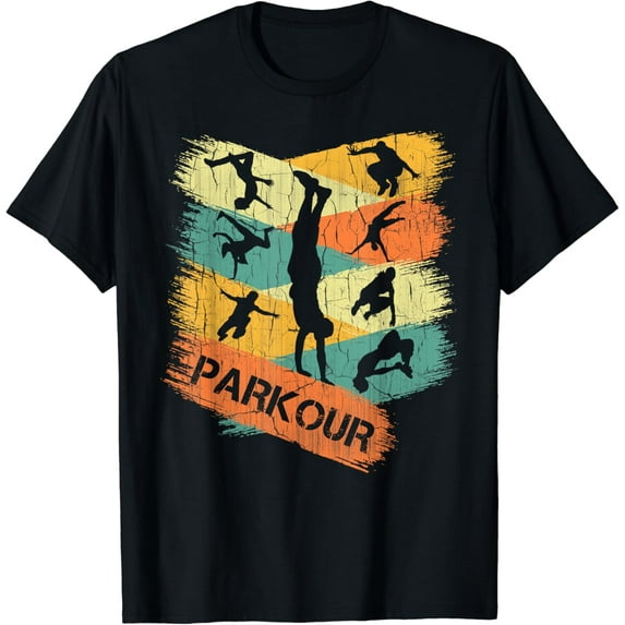Retro Parkour Shirt for Boys Silhouette Vintage Free Running T-Shirt Black Small