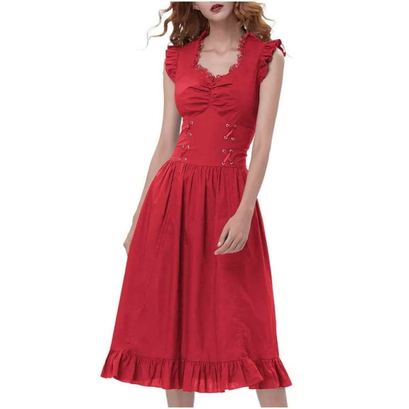 Retro Party Dresses for Women Gothic Ruffle Hem Evening Dress Ruched Slimming Lace Trim Cocktail Gowns Red, 2XL