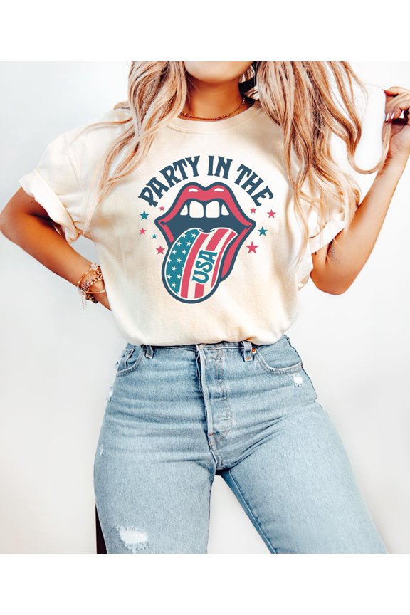 Retro Party in the USA Shirt, Retro Boho USA Shirt, American Girl Shirt, American Babe Shirt, 4th of July Shirt T-Shirt, American Flag Lips TSHIRT All Size S-5XL