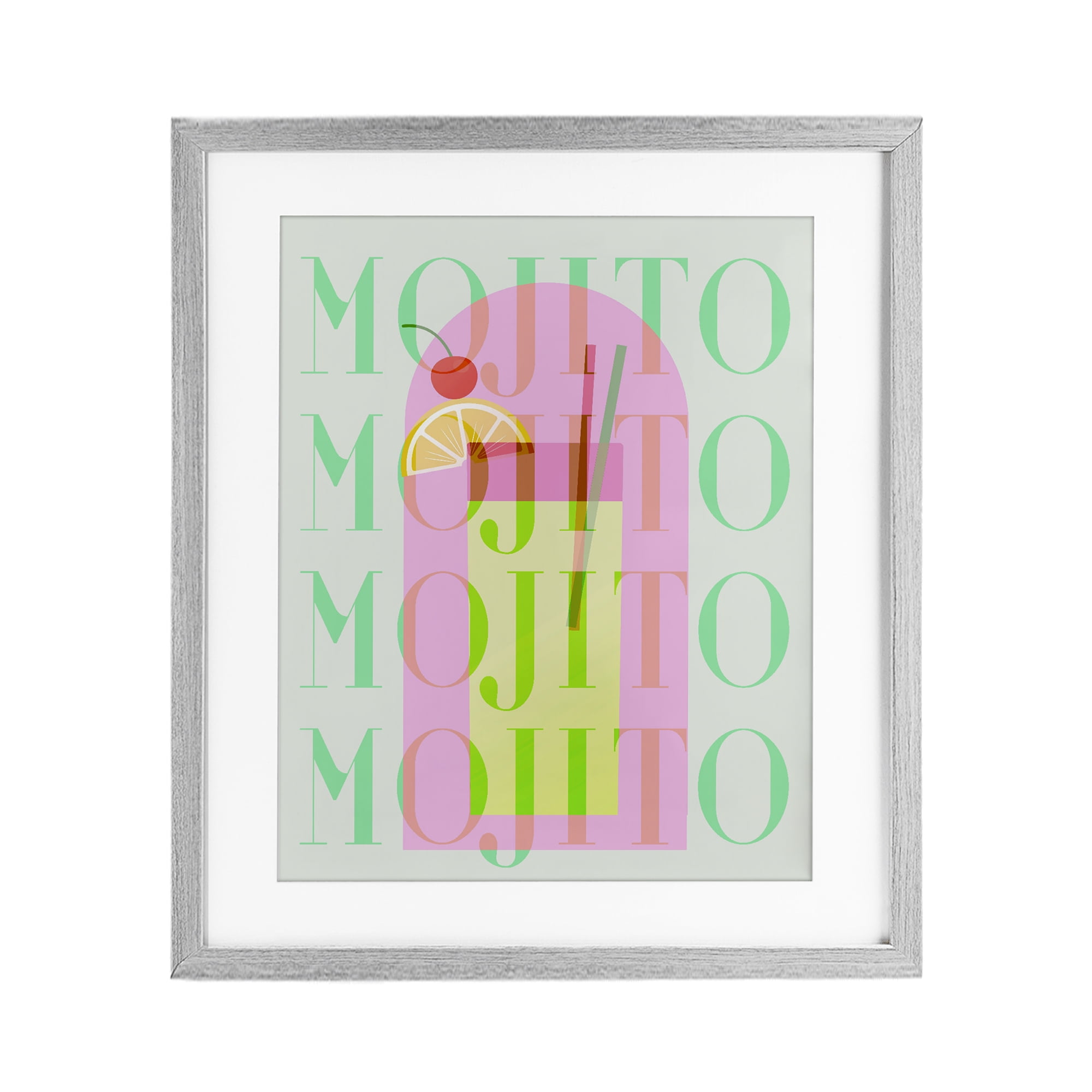 Retro Pastel Mojito Gray Framed Print Under Glass, design by Lil' Rue