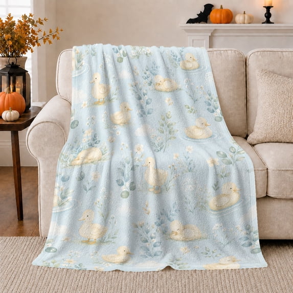 Retro Pastoral Duckling Water Scene, Cozy Botanical Garden Scene, Warm Flannel Blanket for Sunroom and Reading Nook, Garden Lovers Housewarming Gift, Botanical Home Decor