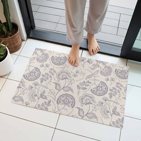 Retro Pastoral Indoor Door Mat 18x30 Inch Purple Flowers Linen Background Farmhouse Front Door Mat Non Slip Washable Entryway Rug Low Profile Dirt Trapper Doormat for Bathroom Kitchen Bedroom